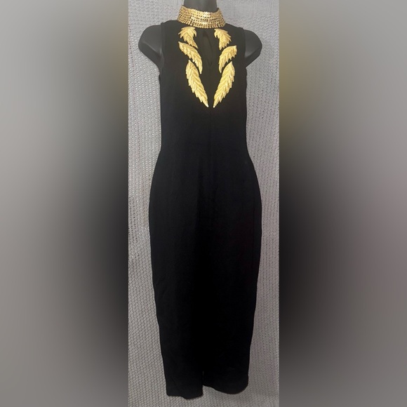Vtg 80s Grecian Gold Sequin Leaf Choker Keyhole Cocktail Wiggle Party Dress M